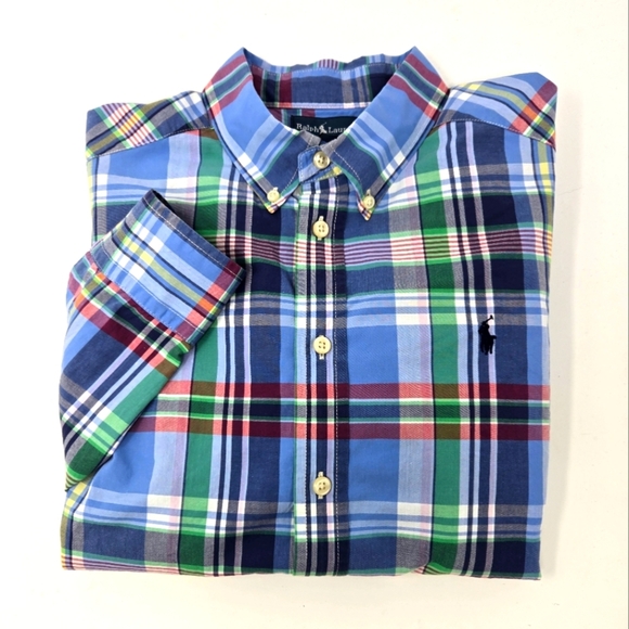 RALPH LAUREN BUTTON DOWN TOP SHIRT BLUE GREEN PLAID COTTON YOUTH BOY LARGE 14-16 - Picture 1 of 12